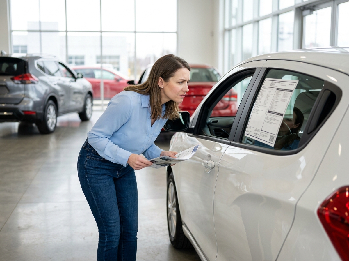 Femme examinant le prix d'une voiture neuve dans une concession automobile moderne en 2026