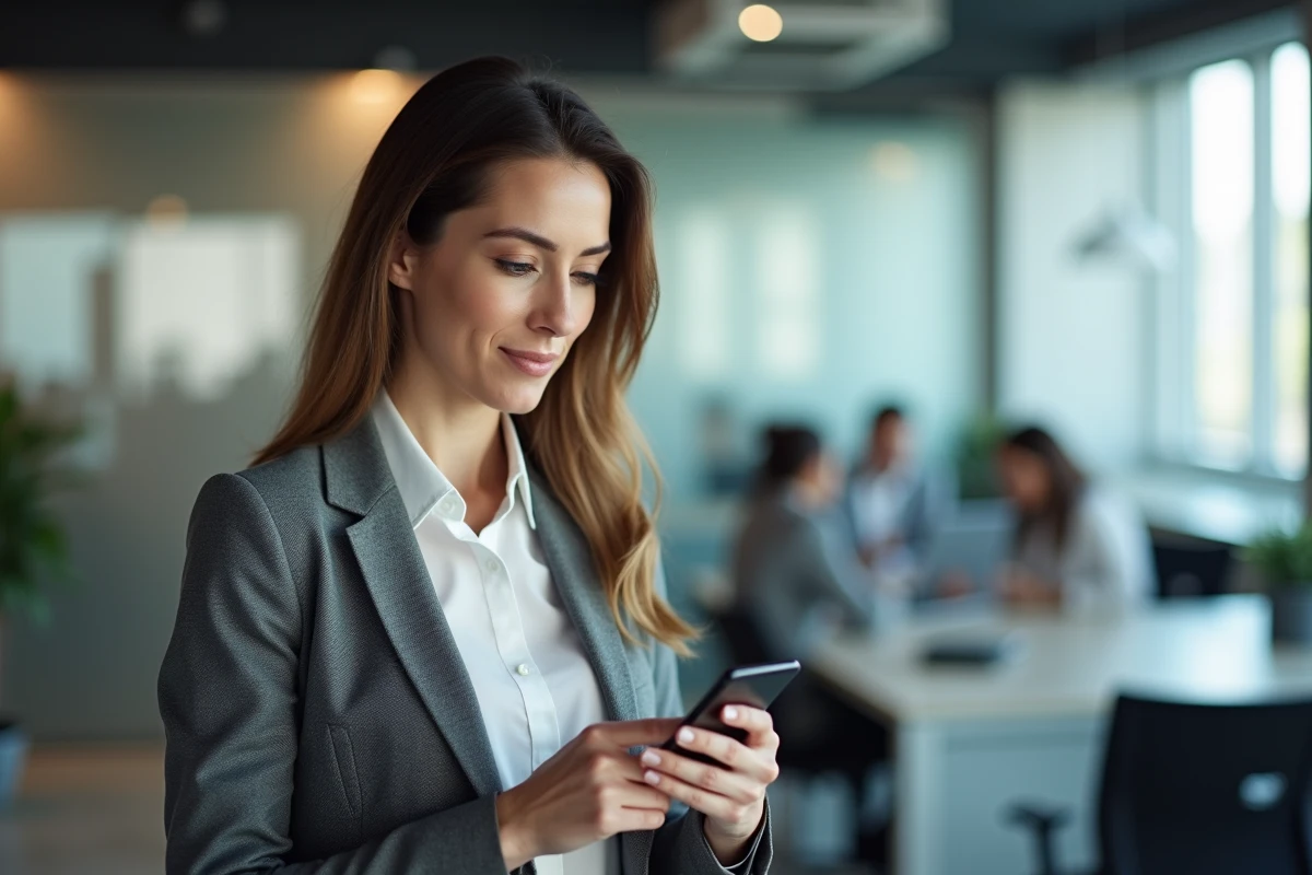 Femme professionnelle consultant une adresse d'entreprise sur smartphone dans un bureau moderne