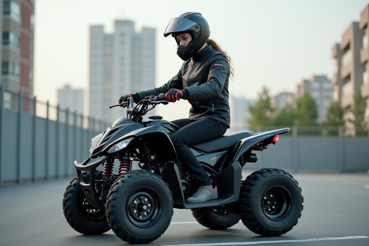 Femme ajustant ses gants sur un quad en ville