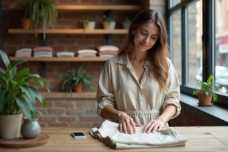Jeune femme en robe en lin pliant des t-shirts recyclés dans une boutique