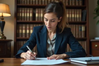 Femme en blazer marine rédigeant une lettre de recours administratif à son bureau à domicile