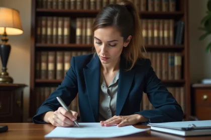 Femme en blazer marine rédigeant une lettre de recours administratif à son bureau à domicile