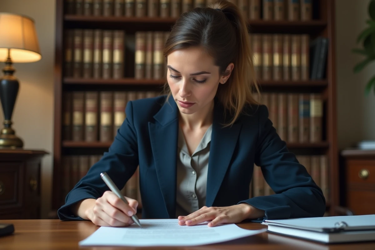 Femme en blazer marine rédigeant une lettre de recours administratif à son bureau à domicile