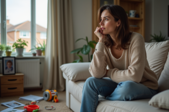 Femme pensant assise sur un canapé en famille