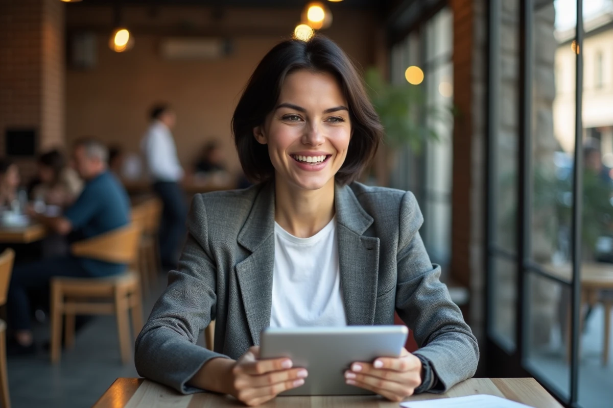 Femme lisant la réglementation française sur une tablette dans un café urbain