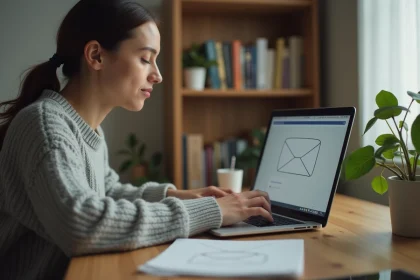 Femme remplissant un modèle d'enveloppe en ligne sur un ordinateur portable dans un bureau à domicile