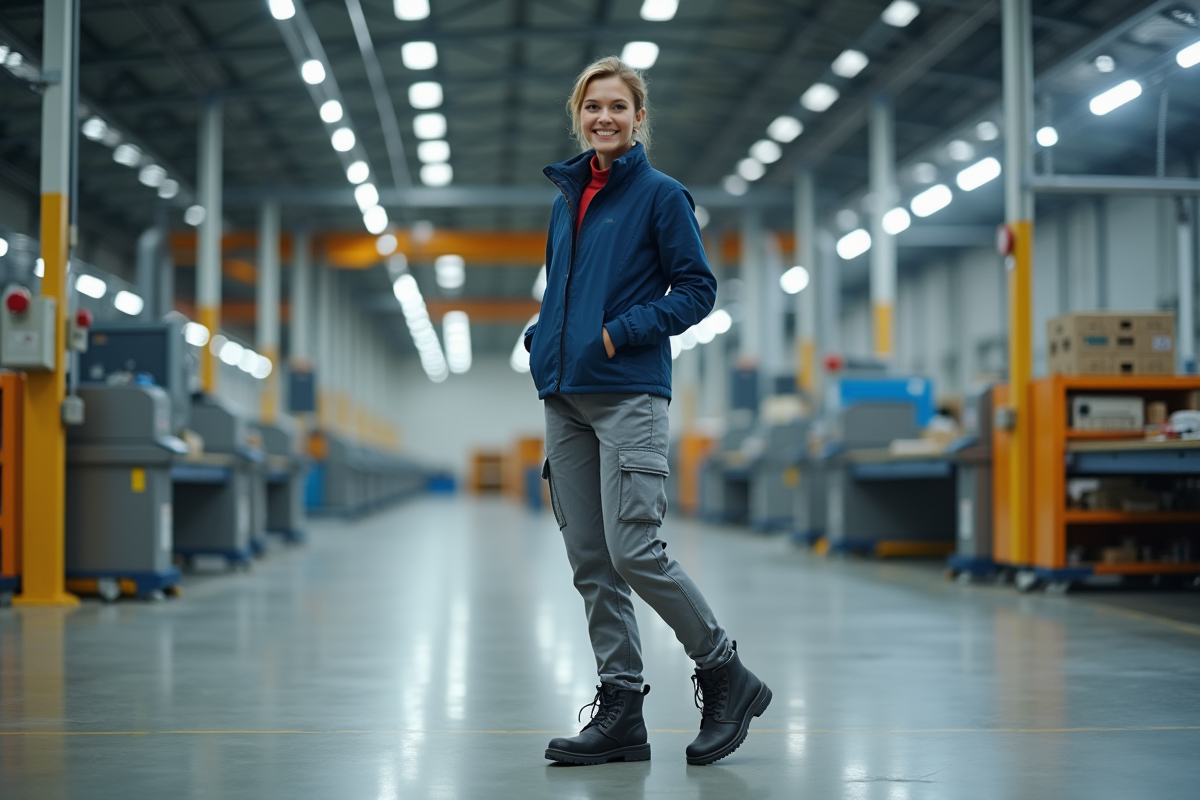 Jeune femme en usine montrant ses chaussures de sécurité