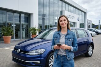 Jeune femme souriante avec voiture en ville