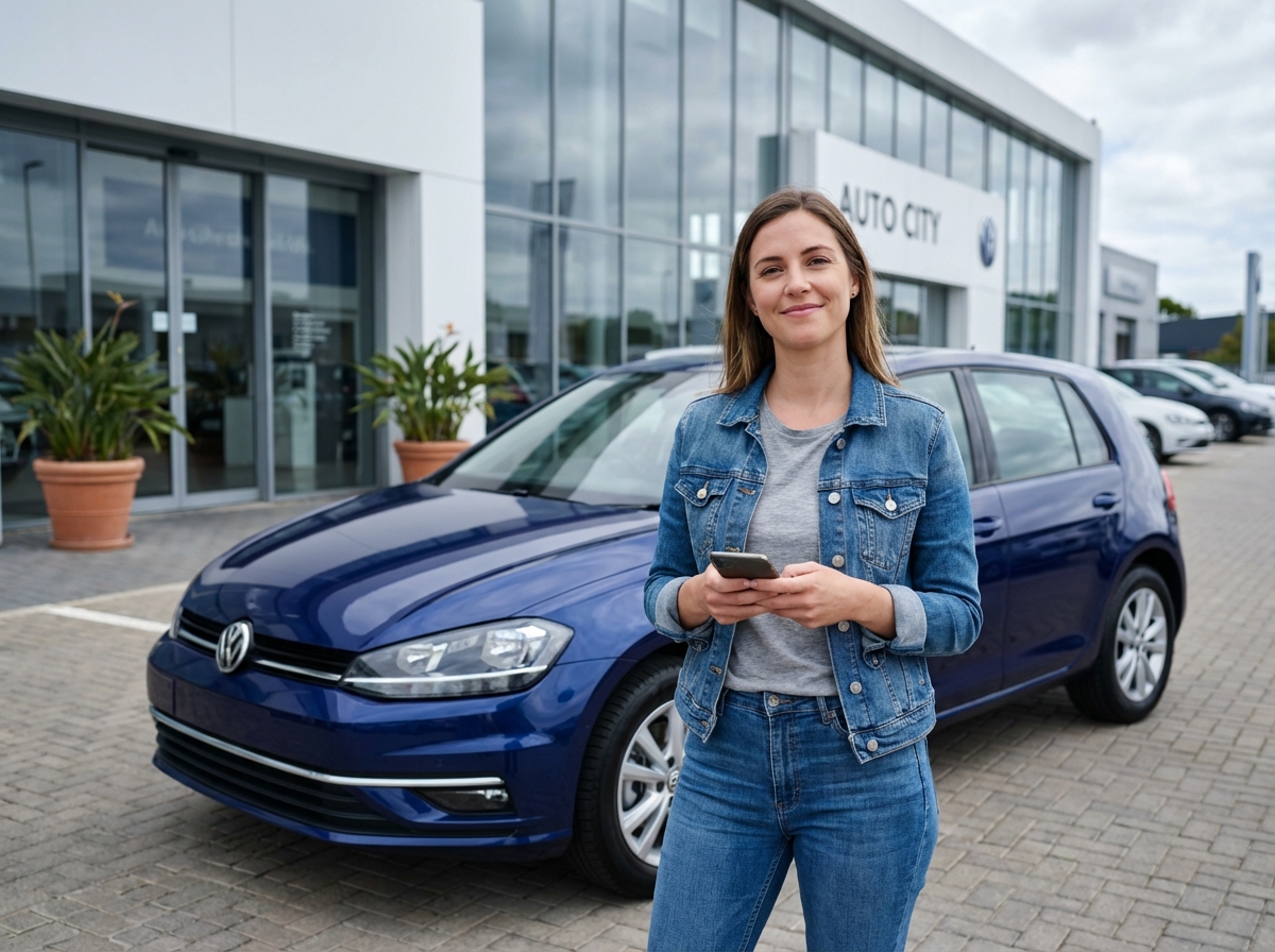 Jeune femme souriante avec voiture en ville