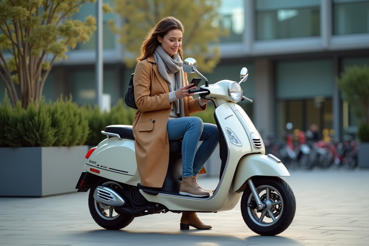Femme relaxe sur scooter en ville moderne