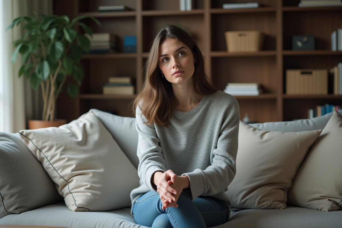 Femme assise seule sur un canapé en réflexion