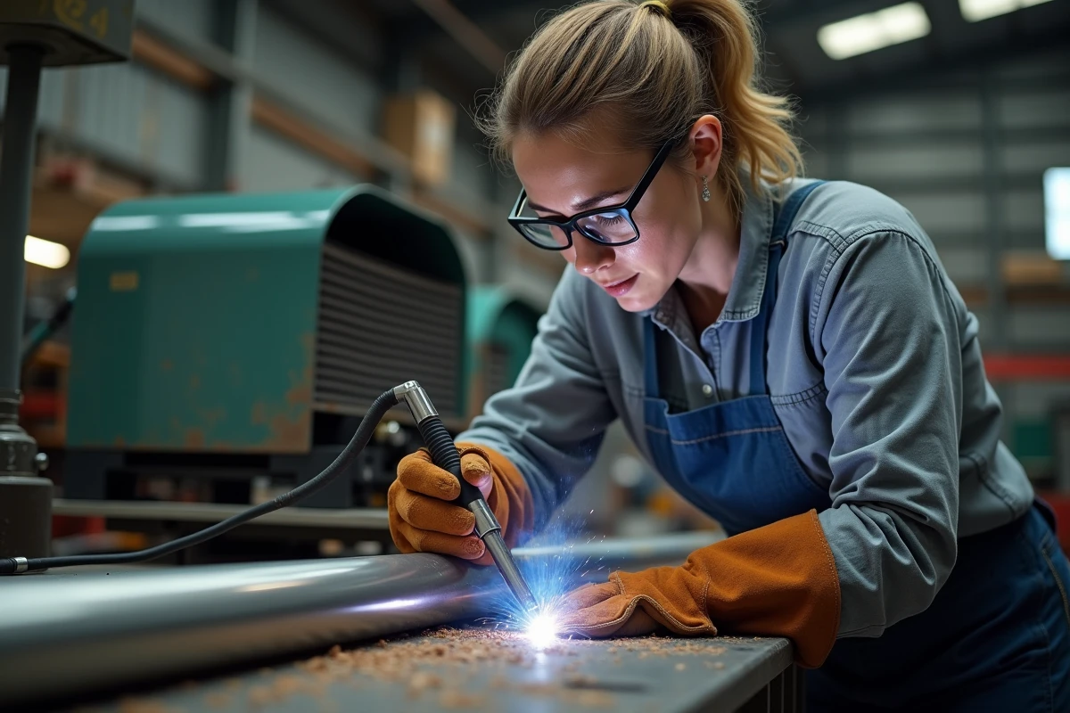 Femme soudeuse en train de réaliser une soudure TIG sur un assemblage en acier inoxydable dans un atelier industriel