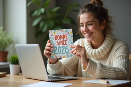 Femme souriante tenant une carte de voeux Bonne Année 2026