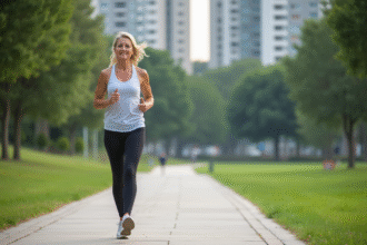 Femme d'âge moyen marchant dans un parc urbain en pleine nature