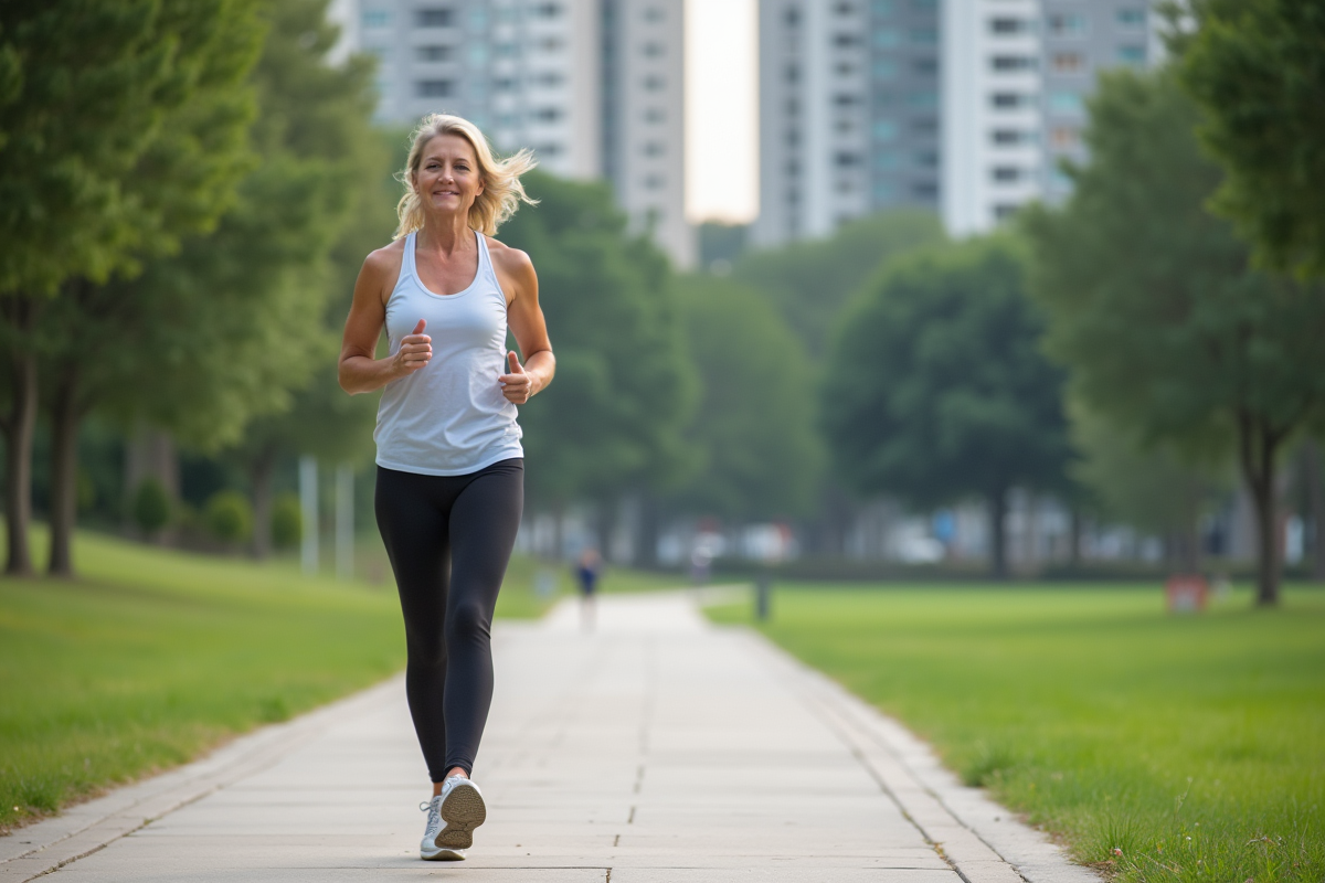 Femme d'âge moyen marchant dans un parc urbain en pleine nature
