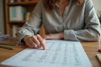 Femme consultant un tableau de conversion centimètre en pouce imprimé, posé sur un bureau en bois dans un bureau à domicile