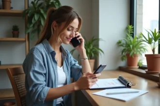 Jeune femme au bureau utilisant son smartphone