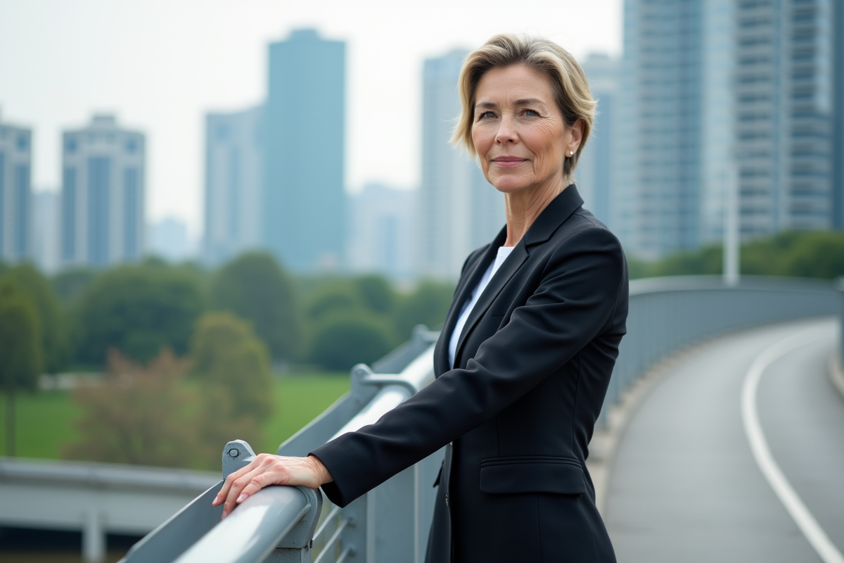 Femme d age moyen regardant la ville depuis un pont moderne