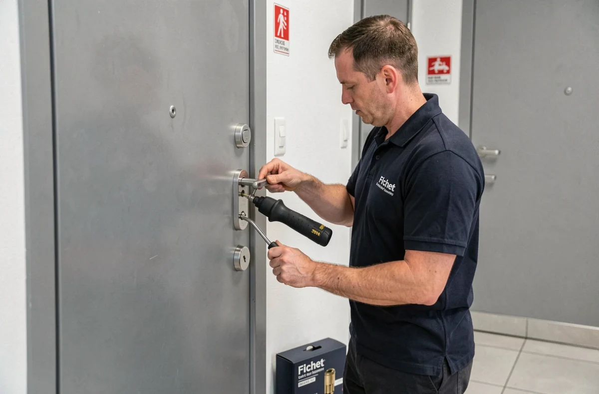 Spécialiste Fichet Point Fort installant une serrure haute sécurité sur une porte blindée à Nanterre