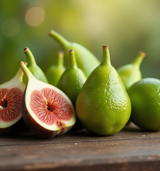 Figues fraîches feijoas et finger limes sur une table en bois