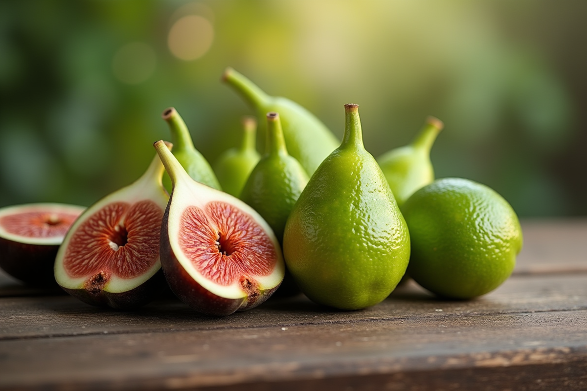 Figues fraîches feijoas et finger limes sur une table en bois