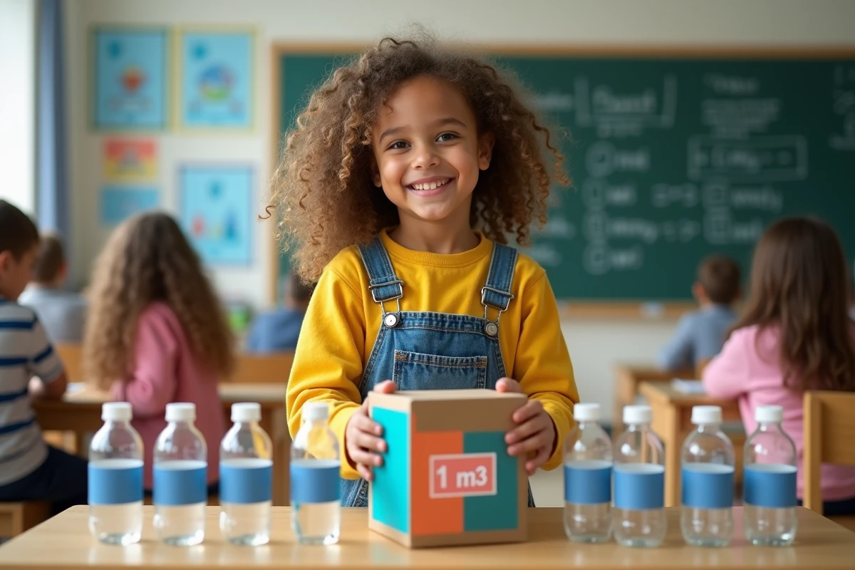 Fille souriante avec cube et bouteilles en classe