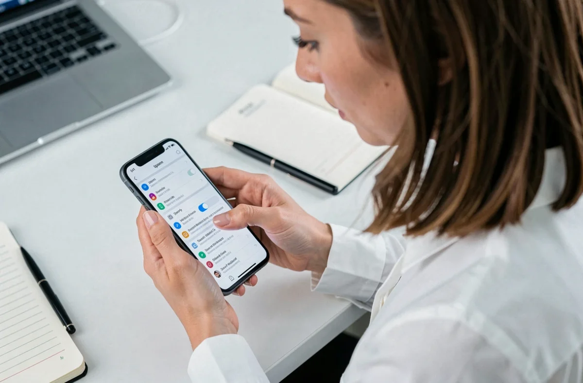 Femme consultant les paramètres de filtre antispam SMS sur un smartphone Android au bureau