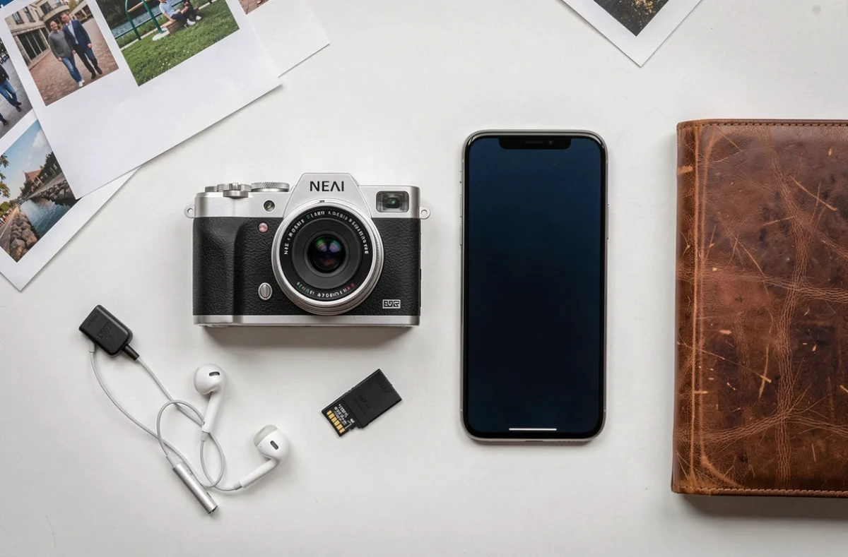 Vue à plat d'un appareil photo compact et d'un smartphone haut de gamme sur un bureau blanc avec accessoires