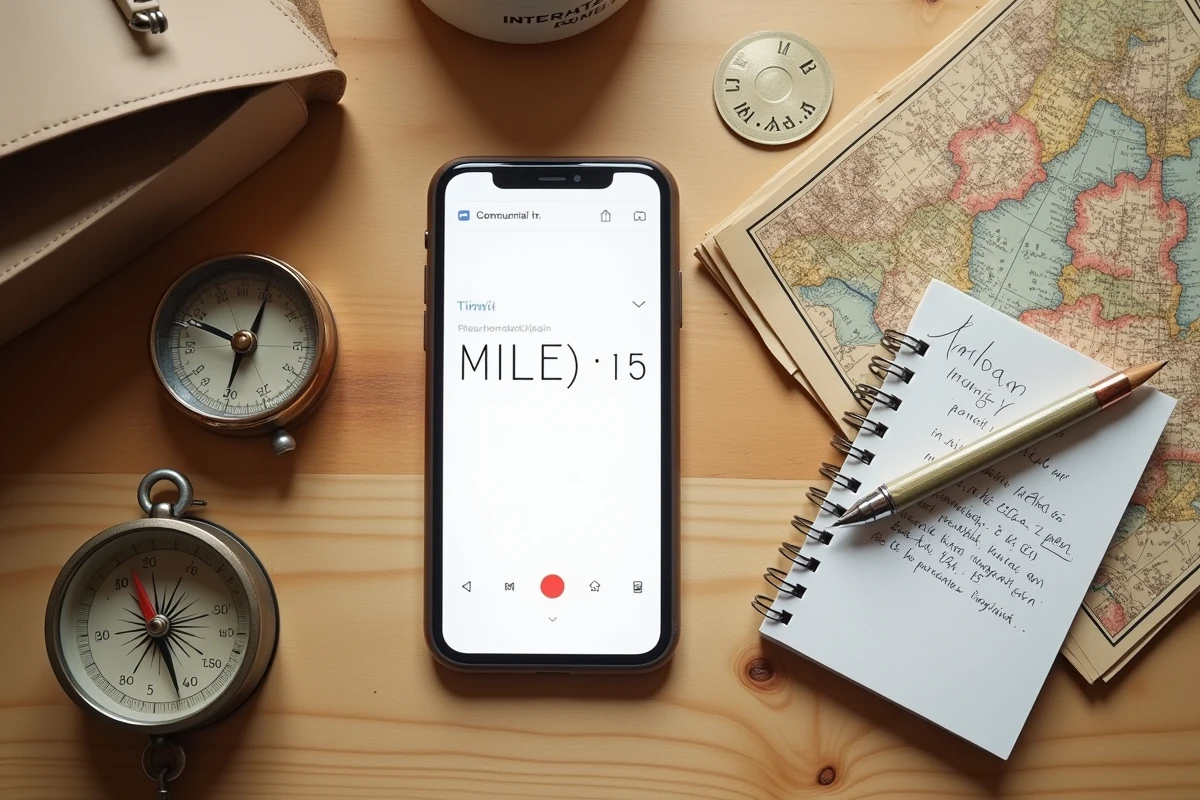 Flat-lay d'un smartphone affichant un convertisseur miles kilomètres entouré d'une carte papier et d'une boussole sur une table en bois