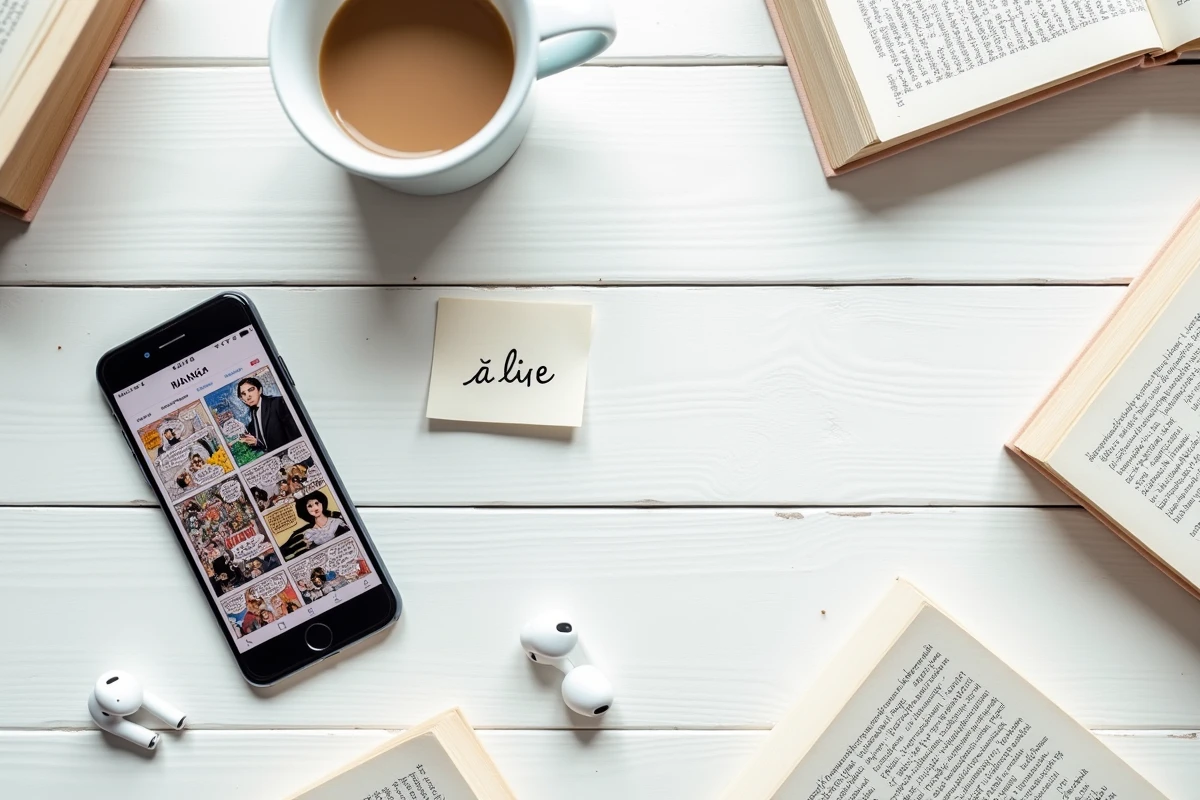 Flat lay d'un smartphone affichant Sushiscan FR entouré de volumes manga et d'accessoires de lecture