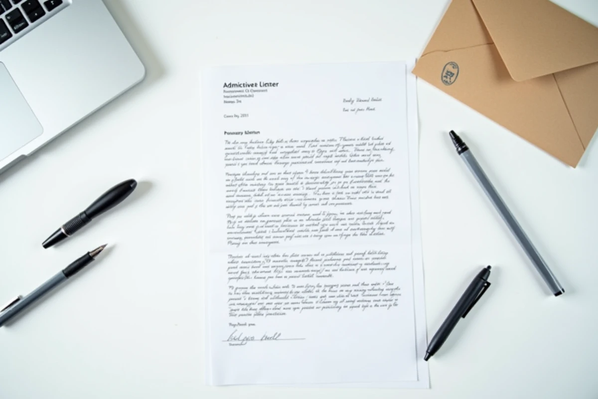 Vue aérienne d'une lettre de recours manuscrite posée à côté d'une décision administrative officielle sur un bureau blanc