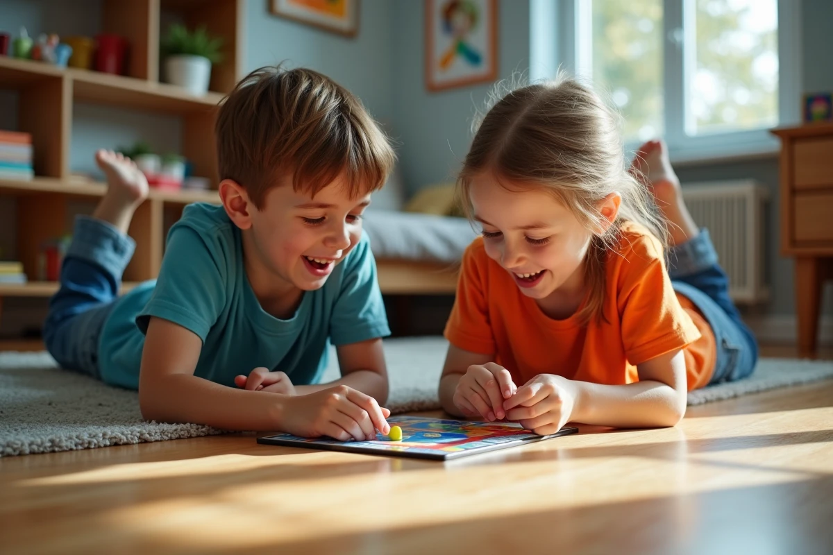 Frère et sœur jouant à Monopoly Go sur le sol en famille