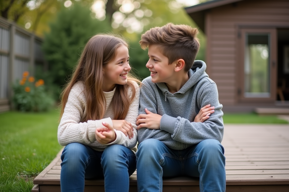 Adolescents se réconciliant dans le jardin en extérieur