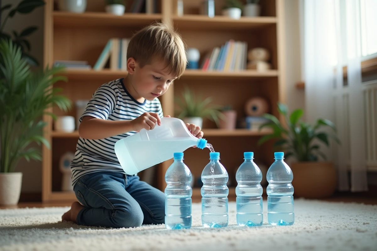 Garçon curieux verse de l'eau dans des bouteilles