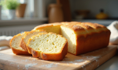 Gâteau éponge nature tranché sur planche en bois