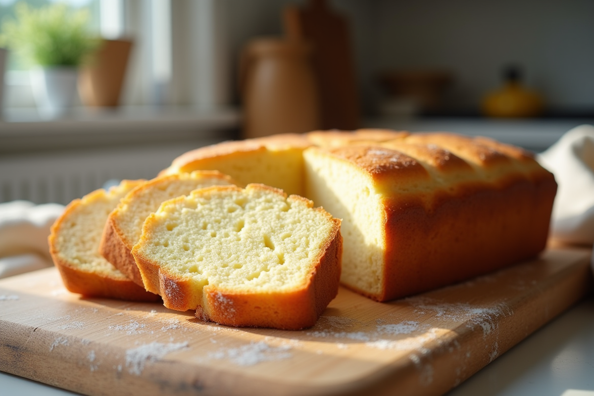 Gâteau éponge nature tranché sur planche en bois