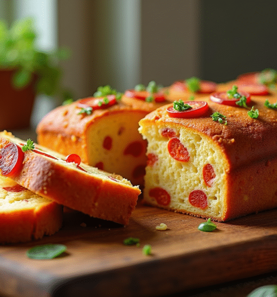 Gâteau salé aux poivrons et chorizo fraîchement cuit