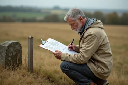 Géomètre analysant des documents de mesure de parcelle agricole en hectares sur le terrain