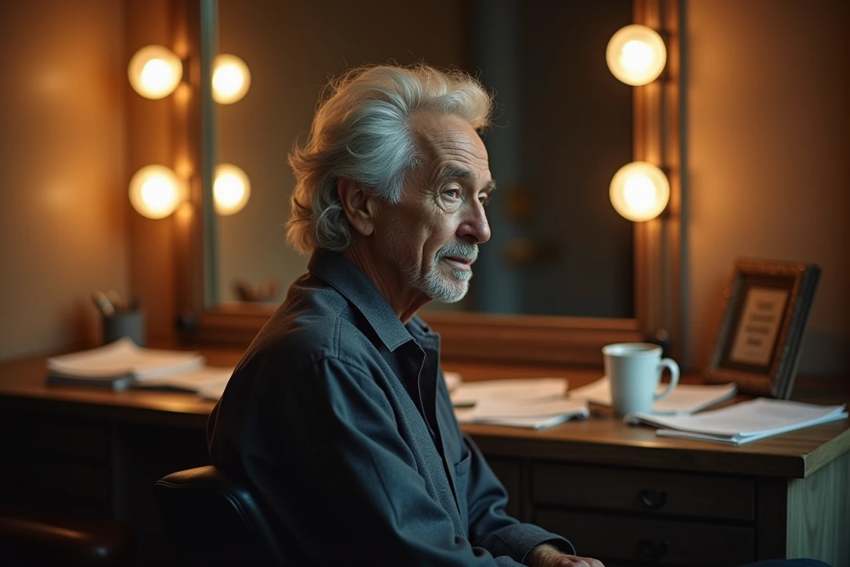 Grand acteur français chevronné dans sa loge de théâtre, portrait intimiste backstage