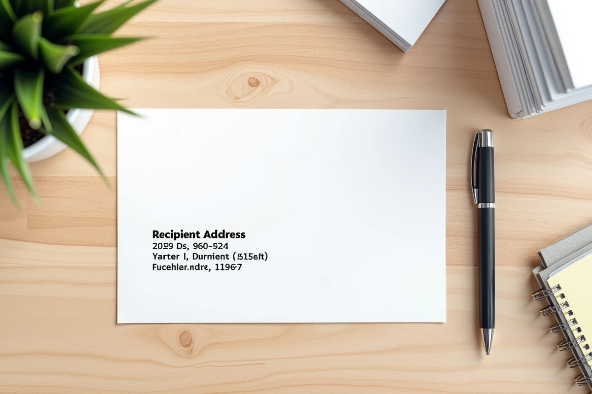 Gros plan d'une enveloppe imprimée avec adresse postale sur un bureau en bois, vue de dessus