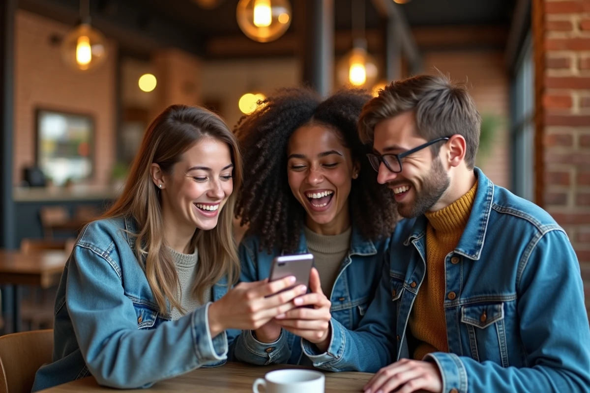 Groupe de jeunes adultes partageant un banger musical sur smartphone dans un café contemporain, symbolisant l'usage du mot banger dans le langage quotidien des jeunes
