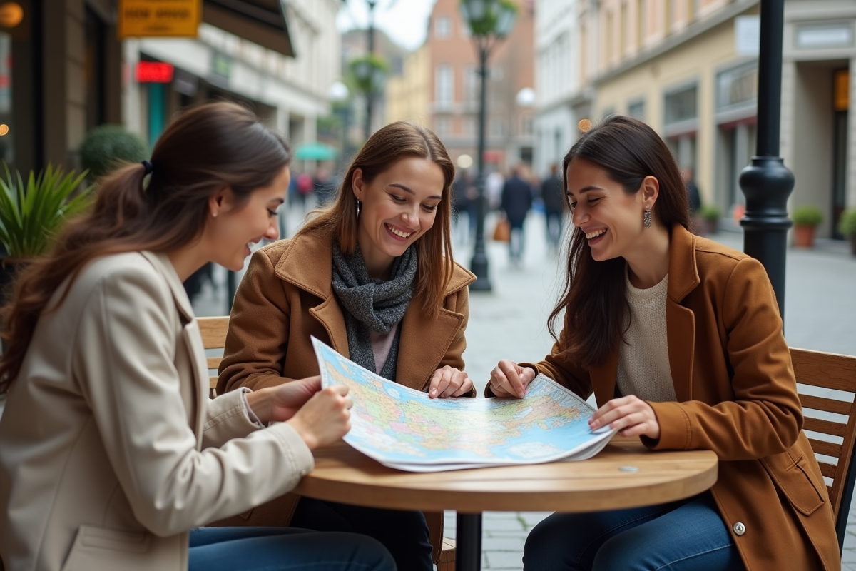 Jeunes adultes riant autour d une carte dans un café urbain