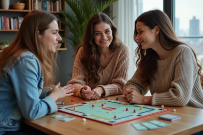 Groupe de trois adultes jouant à Monopoly Go dans un salon cosy