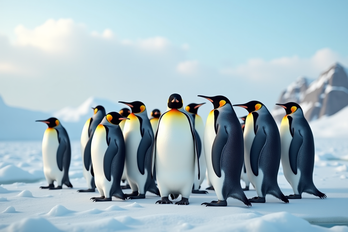 Groupe de manchots empereurs en journée sur la glace