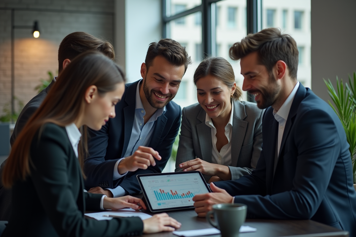 Groupe de jeunes professionnels discutant avec une tablette numérique