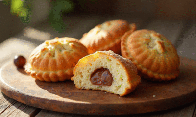 Gâteau Joconde aux noisettes tranché sur table en bois