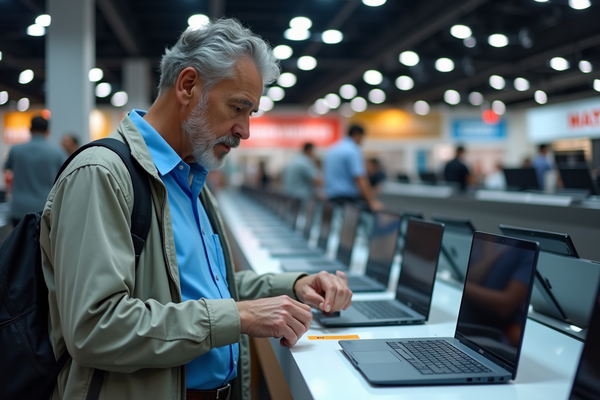 Homme examinant des ordinateurs portables en magasin d
