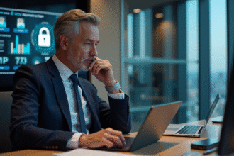 Homme d'affaires en costume bleu examine documents sur tablette