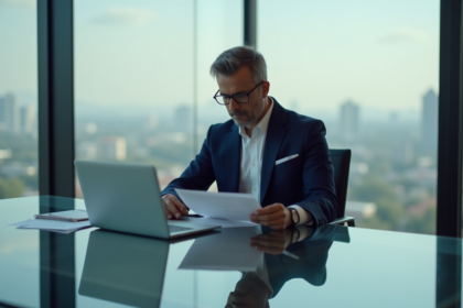 Homme d'affaires en costume navy dans un bureau moderne