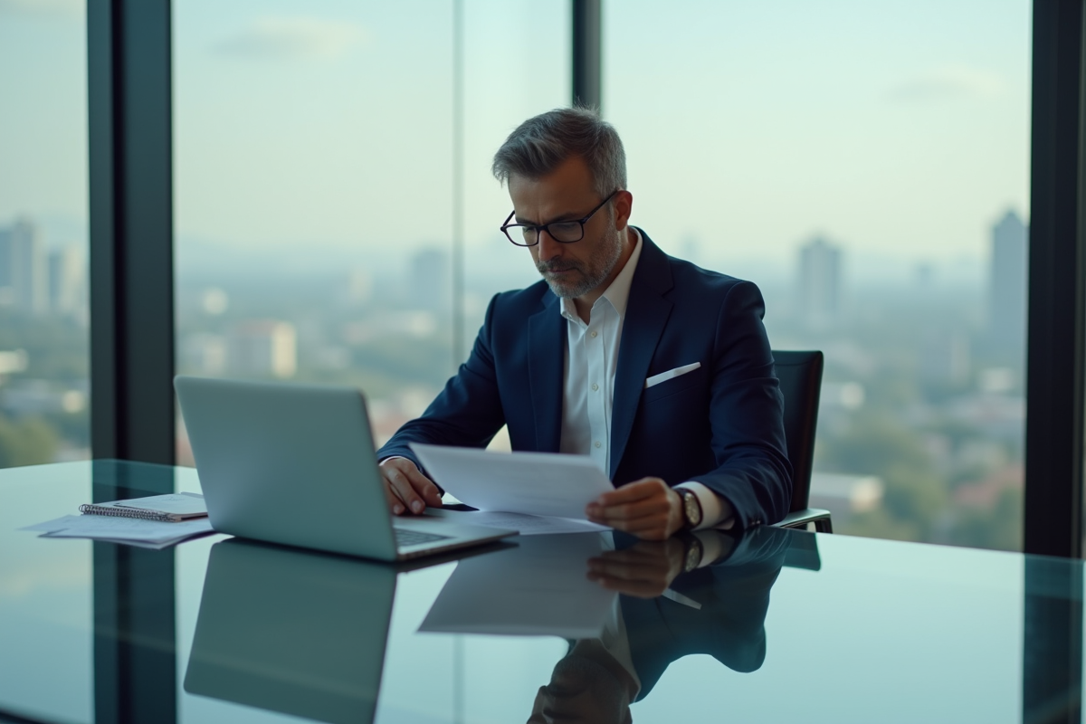 Homme d'affaires en costume navy dans un bureau moderne